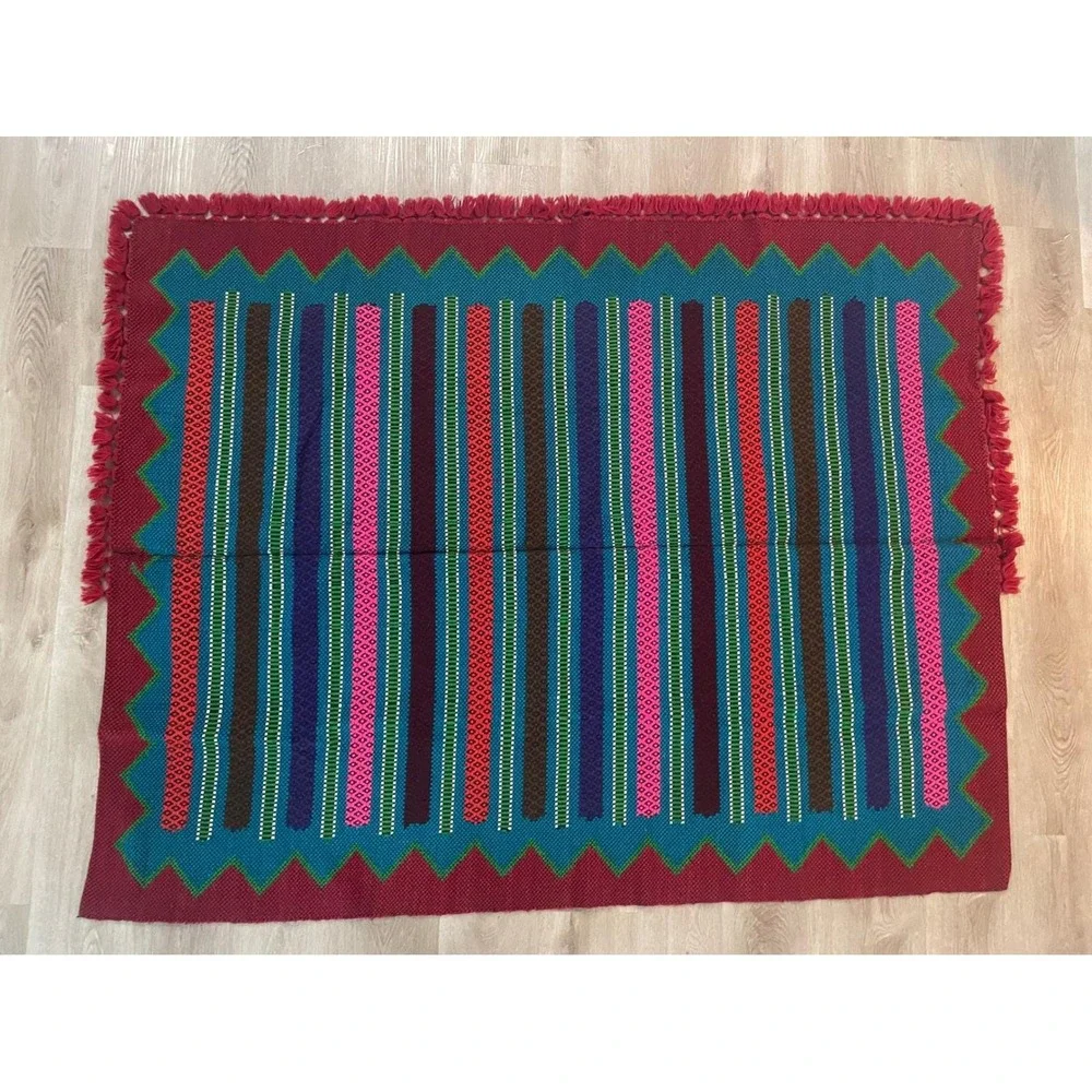 Vintage Mayan Blanket Rug Guatemalan‎ Mexican Wool Frazada Striped Fringe